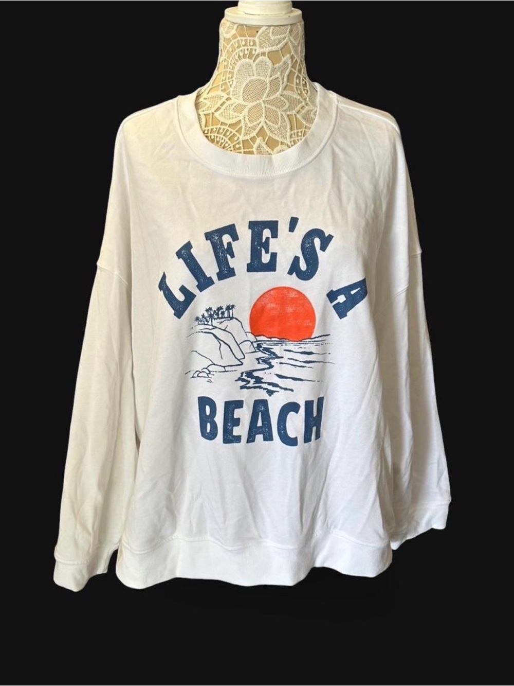 Old Navy White Crewneck Sweatshirt with Blue Text & Orange Sun Graphic